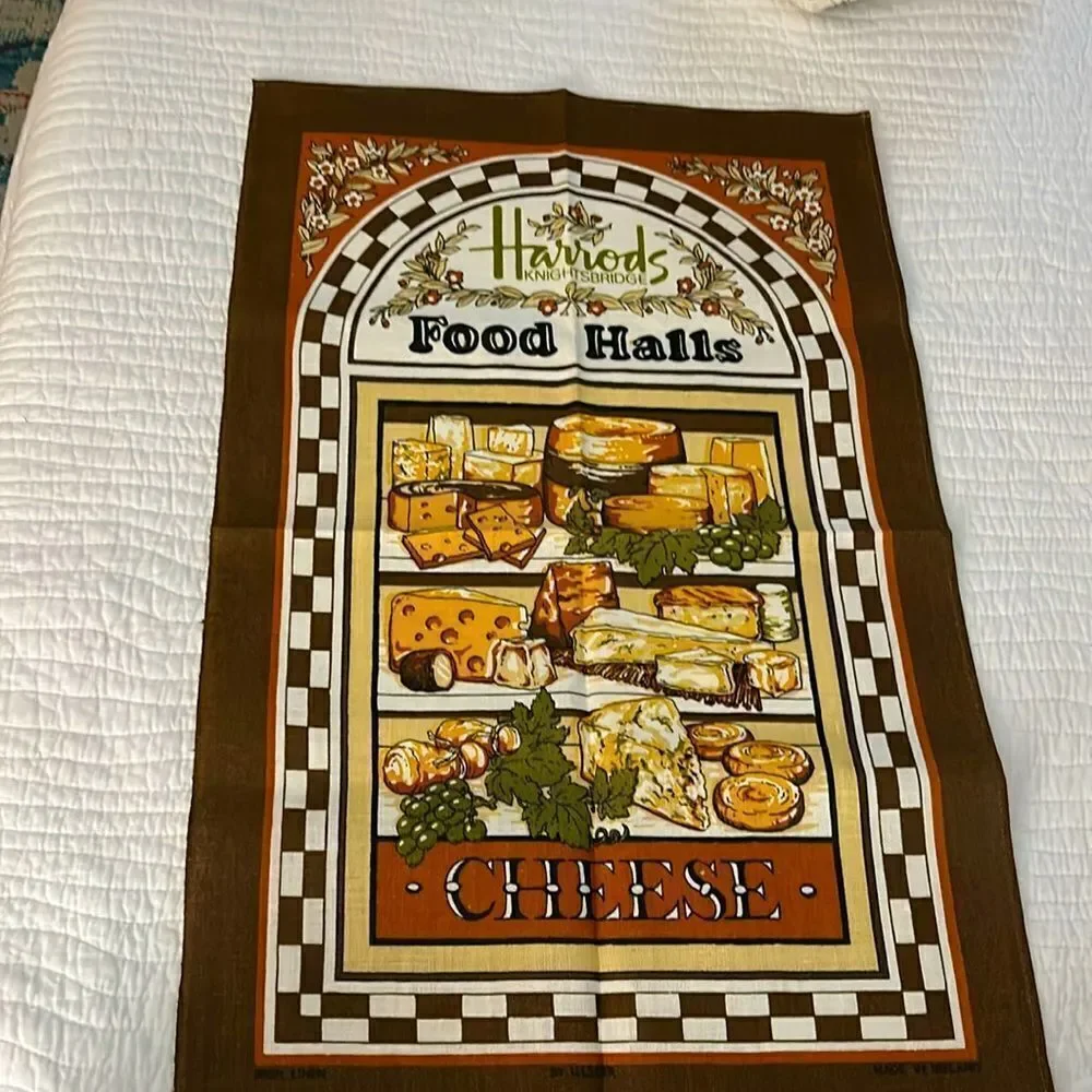 Vintage Harrods food Halls 1960s cheese tea towel Size 18 1/2” x 30”